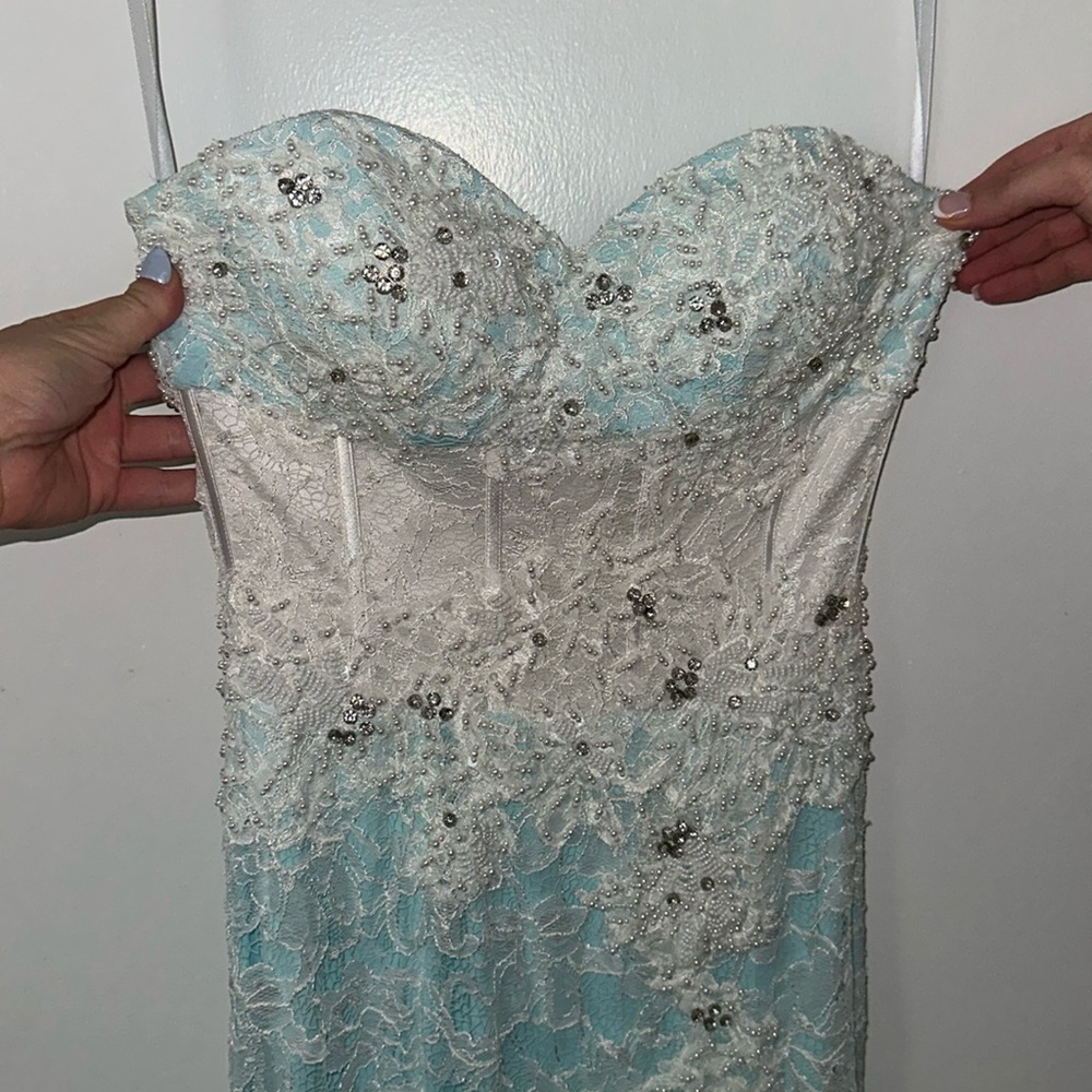 Jovani - baby blue white lace gown